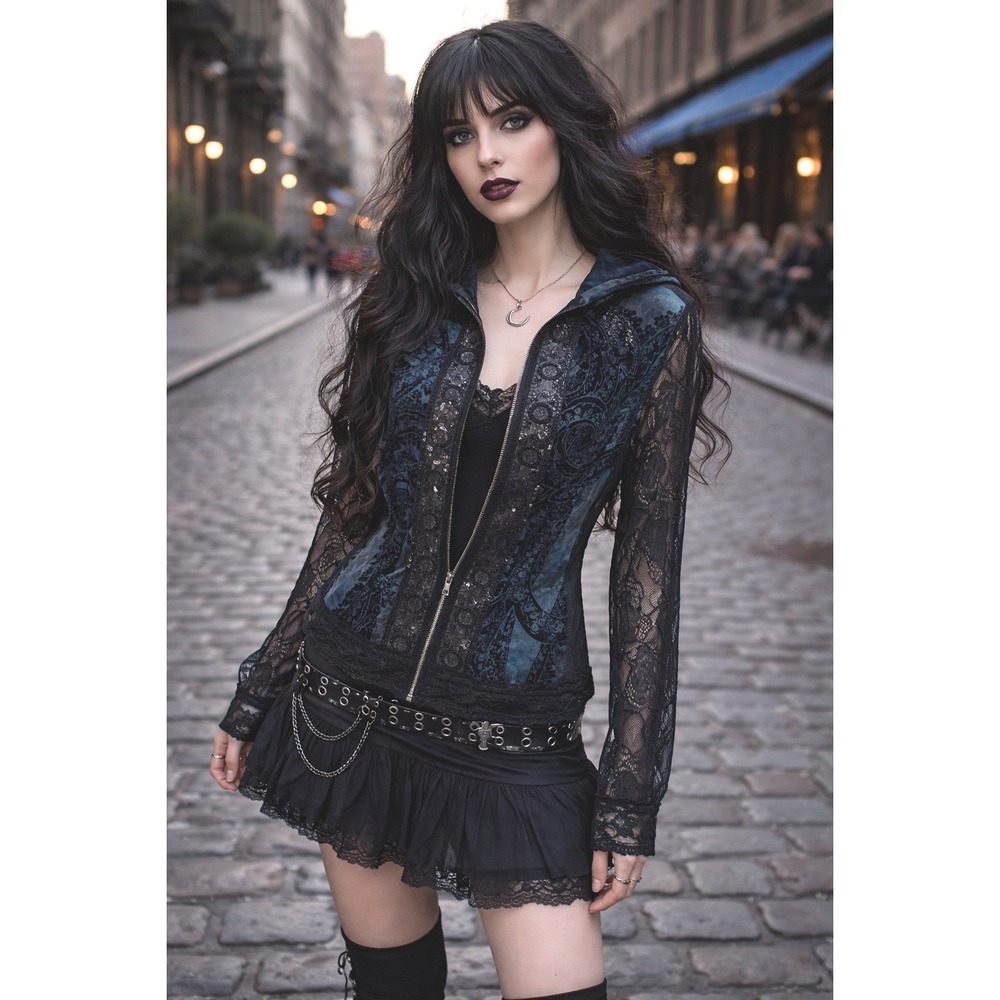 Romantic Velvet Burnout Sheer Lace Sequin Zip Up Hoodie Med Boho Goth  Fairy